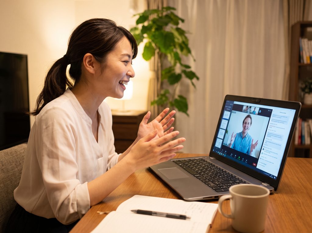 ネイティブ講師とのオンライン英会話レッスンで実践的な英語力を磨く様子